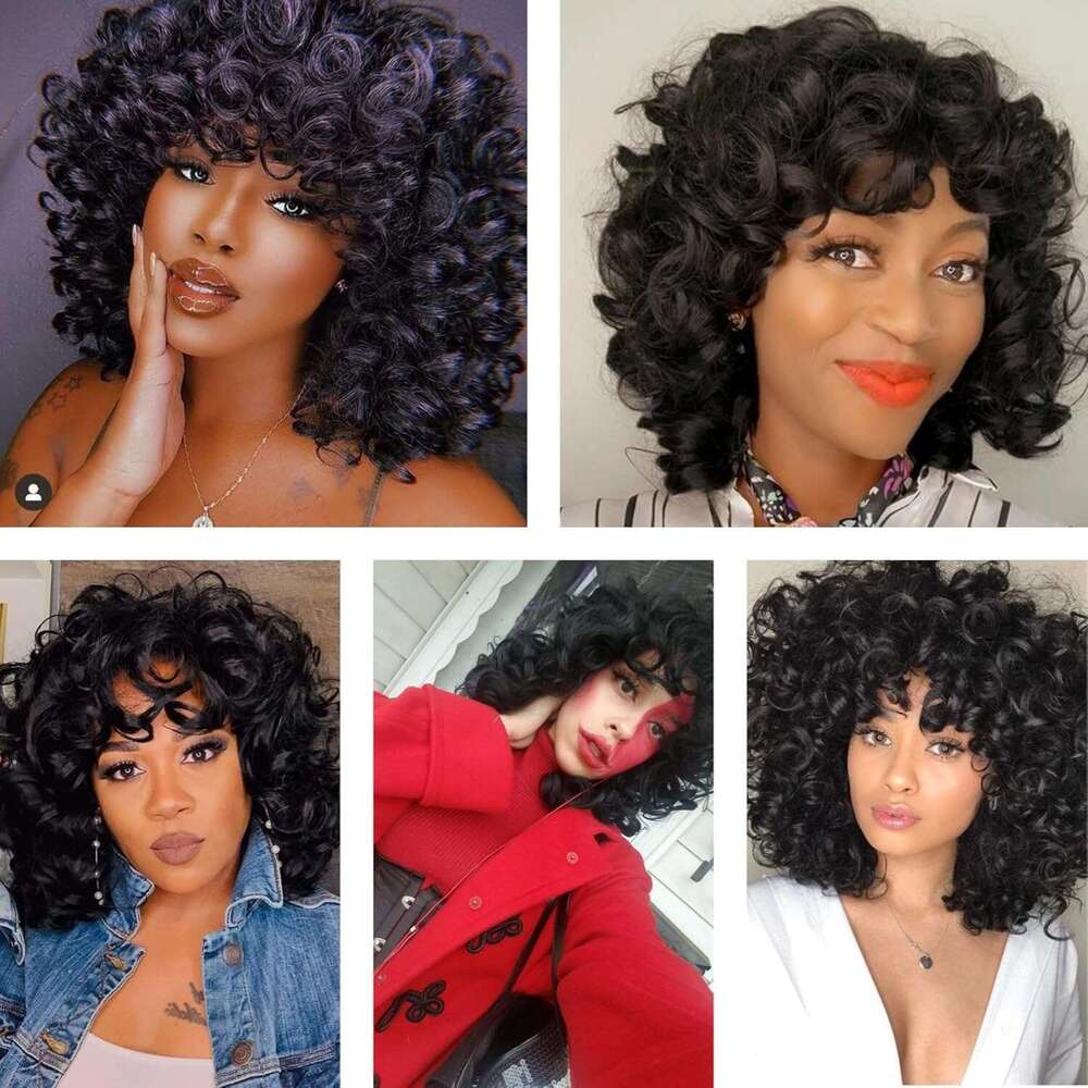 KEAT Women 14" Short Kinky Wig with Bangs Afro Black Curly for African American Cute Natural Synthtic Soft Wigs K001BK