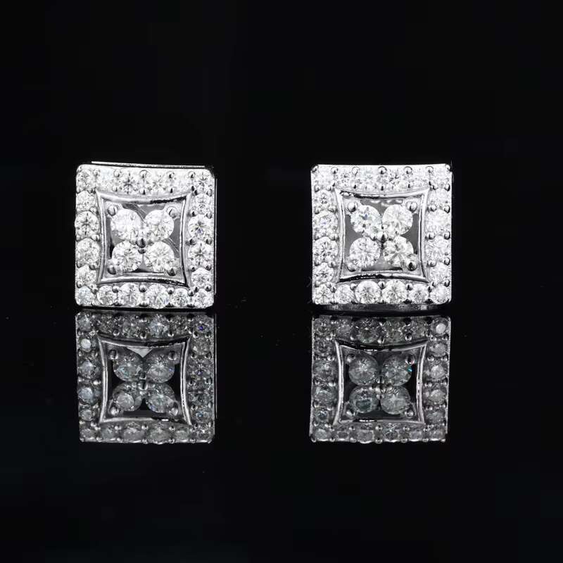 2024 New Arrival Gold 925 Sterling Silver VVS Moissanite Diamond Four Leaf Clover Square Geometric Stud Earrings Men Women