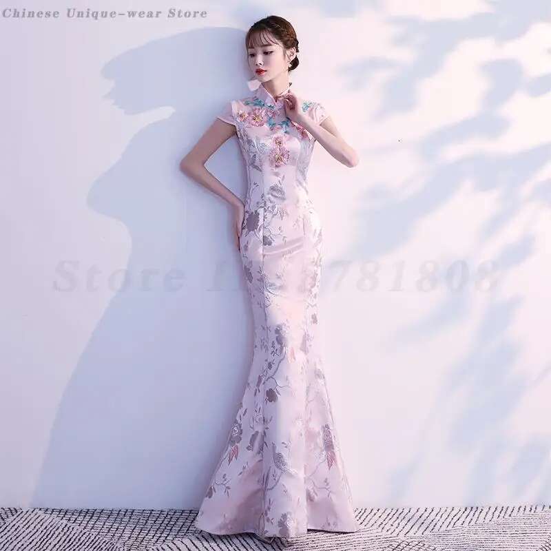 Elegant Women Mermaid Slim Qipao Pink Embroidered Cheongsam Full Length Vestidos Female Evening Party Chinese Dress Size Xs-3Xl