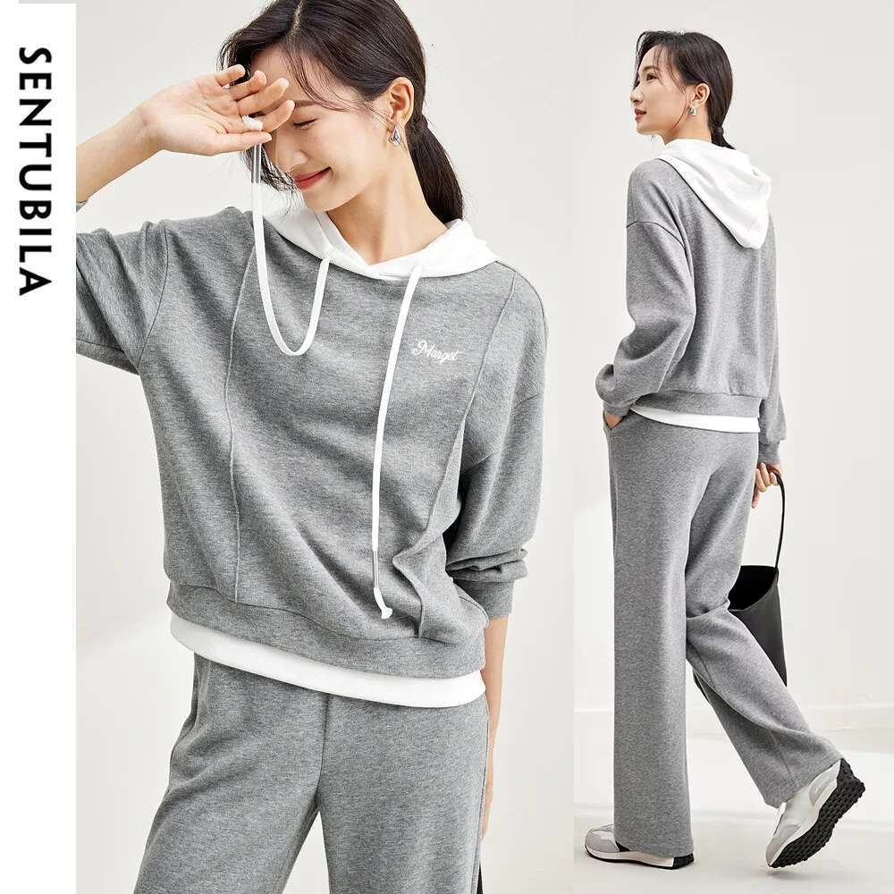 SENTUBILA Women's Sports Suit Hoodies Wide Leg Sweatpants Two Piece Set Autumn Outfits Sweatsuits For Women Sportswear 133Z49590