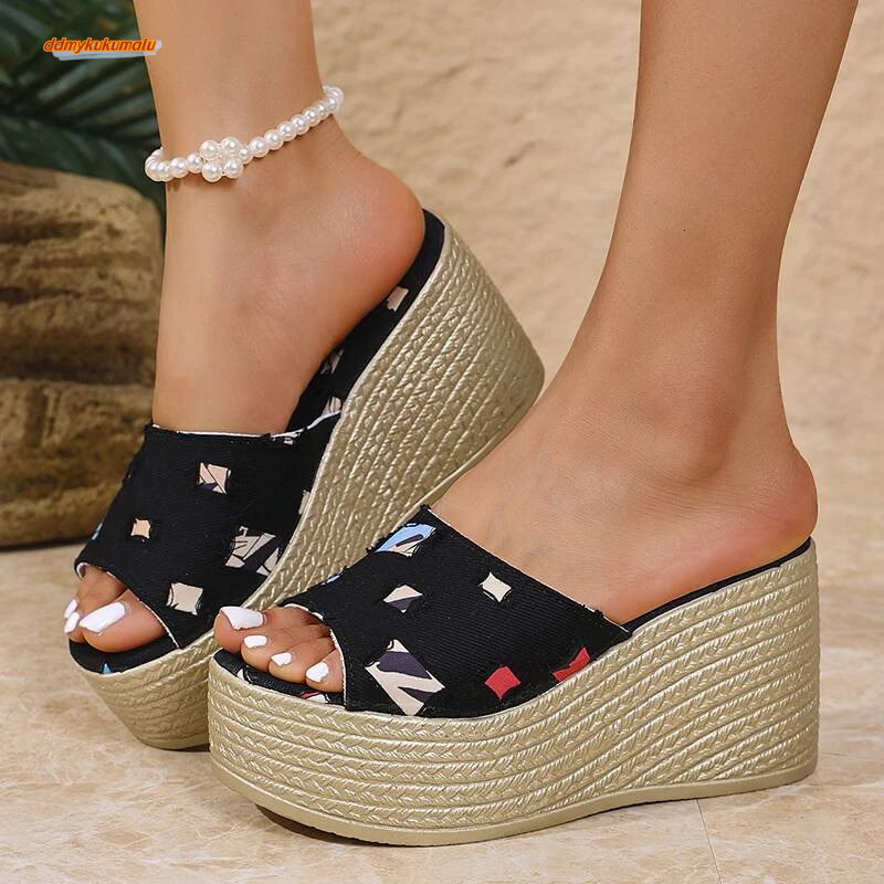 One Strap Denim Wedge Women Plus Size Fashion Slip On Platform Heels Sandals Woman Summer Thick Bottom Beach Slippers ddmykukumalu
