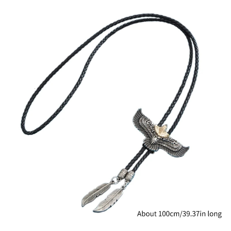 Mens Women American Bolo Tie Western Cowboy Leather Rope Necktie Metal Flying Eagle Feathered Pendant Western Necklace 250430