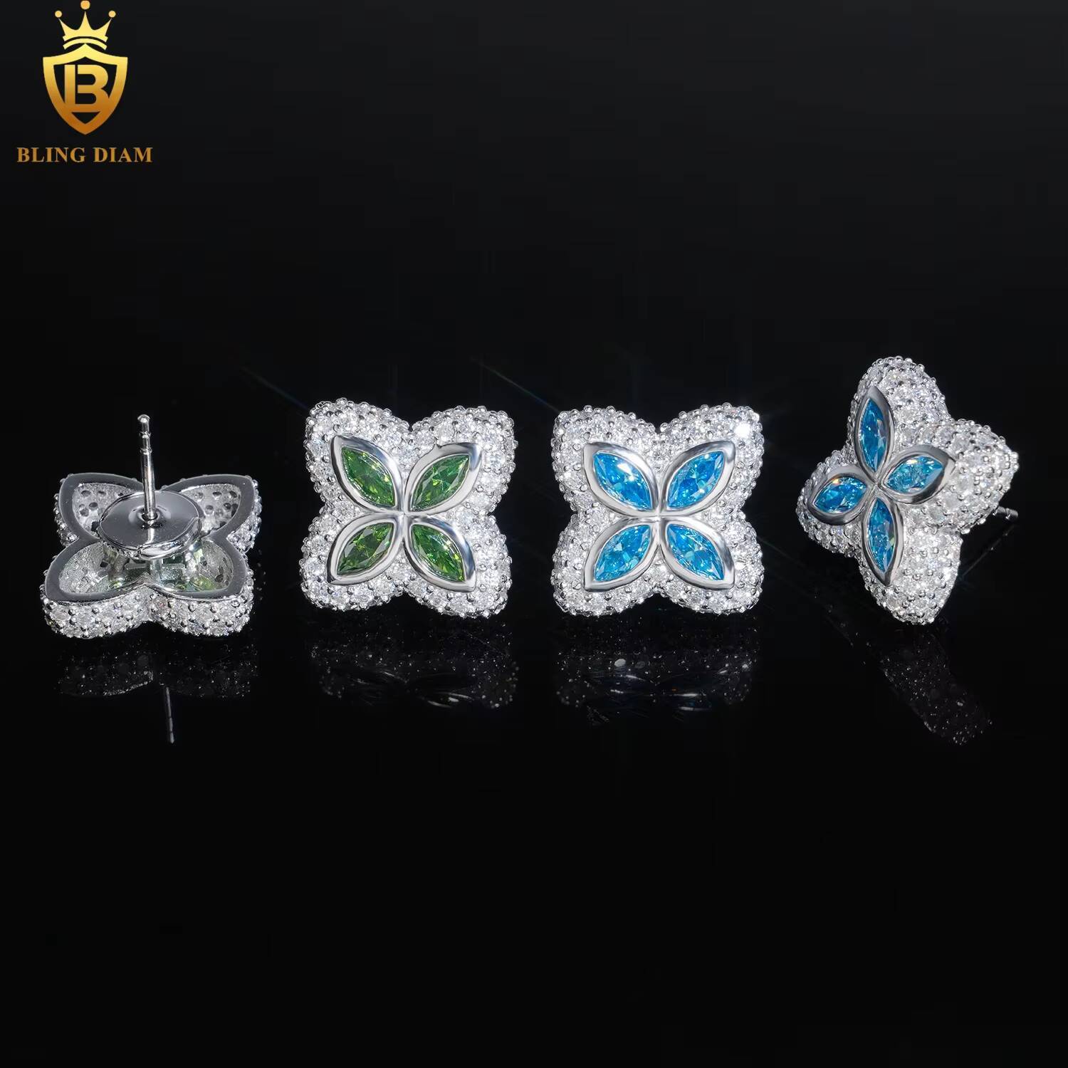 Fine Jewelry 925 Sterling Silver Vvs1 Moissanite Clover Stud Earrings Fashion Colorful Stone Marquise Cut