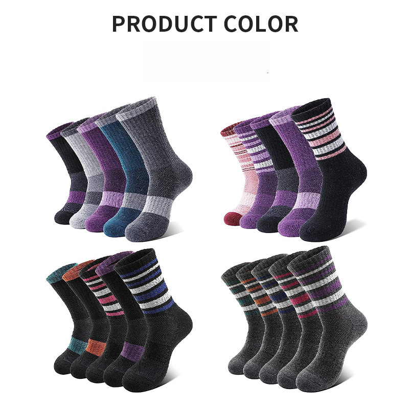 Merino wool for women's warm winter boots, work padded socks, outdoor mid length striped hiking socks