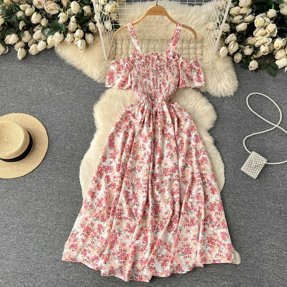 YoooMuoo Fashion Printed Long Summer Dress Womens Vacation Style A-line Shoulder Beach Dress Korean Party Tank Top W250430