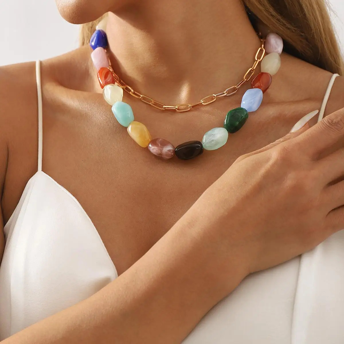 Summer dopamine resin bead necklace sense niche color handmade stacked necklace 250428