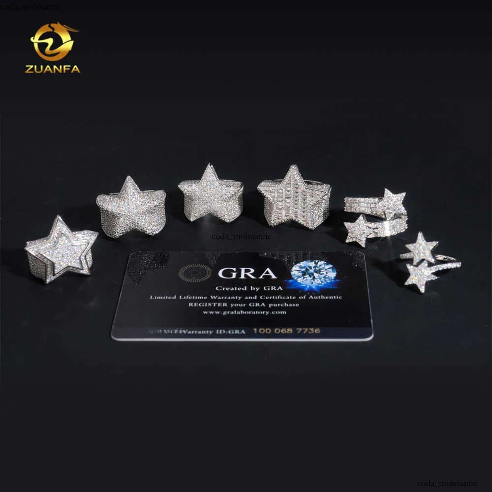 Hot Sale Instock Iced out Star Moissanite Diamond rings 925 silver Hip hop Ring Pass diamond tester Fashion men cuban ring 21