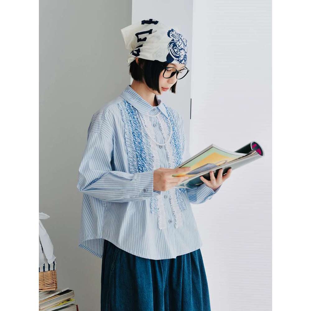 IMAKOKONI Original Design Lapel Long Sleeved Lace Patchwork Blue Striped Shirt For Women 244738