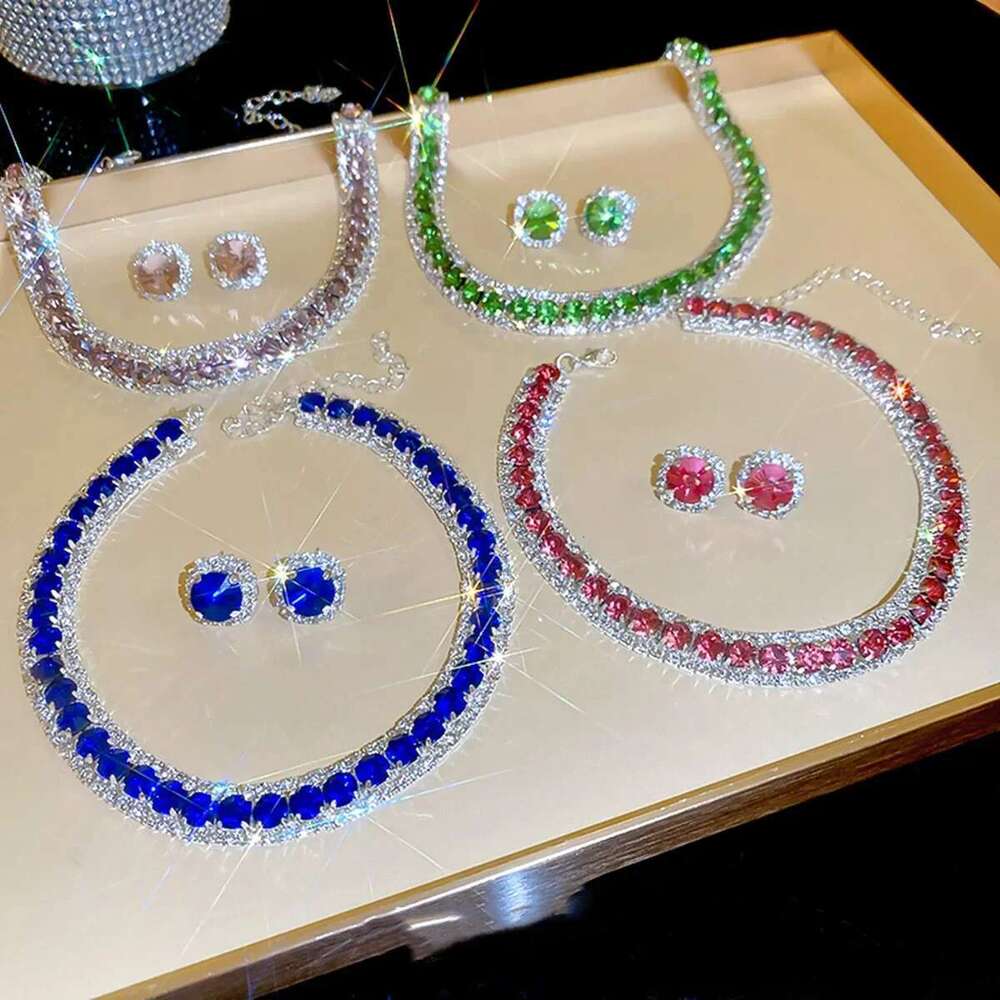 FYUAN Crystal Earrings Green Rose Pink Blue Necklace For Women Weddings Party Jewelry Sets Accessories