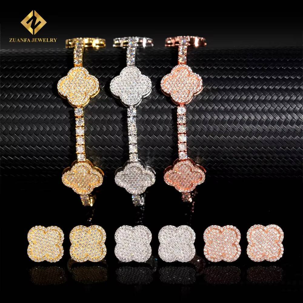 Vintage Bracelet Four Leaf Design Women Jewelry Iced Out S925 Silver 4mm VVS Moissanite Diamond Tennis BraceletEarrings Set