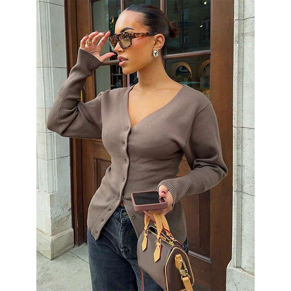Casual Knitted V-Neck Slim Cardigan Women Chic Solid Long Sleeve Single Breasted Streetwear 2025 New Elegant Lady Cozy Knitwear