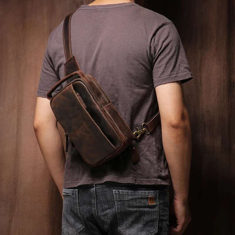 GURO Men's Higher Quality Chest Pack Vintage Genuine Leather Travel Sling Bag Male Satchel Crazy Horse Cowhide Crossbody