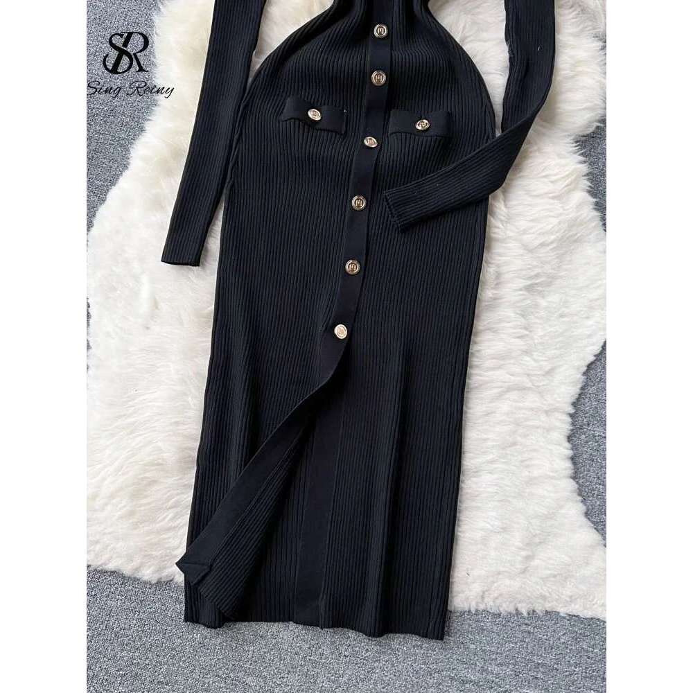 SINGREINY Winter Slim Design Knitted V Neck Single Breasted A Line Split Midi Sleeve Women Sweater Long Dress