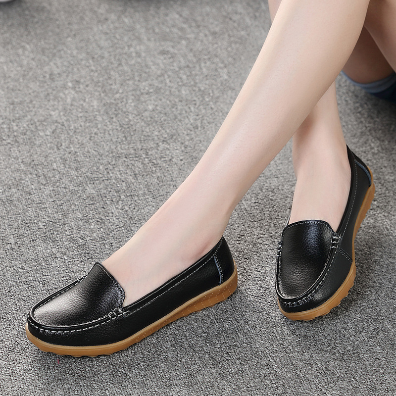 Genuine Leather Bean Soft Soled Mom S Women S Casual Flat Shoes Cow Tendon Soles One Foot Pedal Middle Aged And Elderly Single Shoes Ddmysaturn