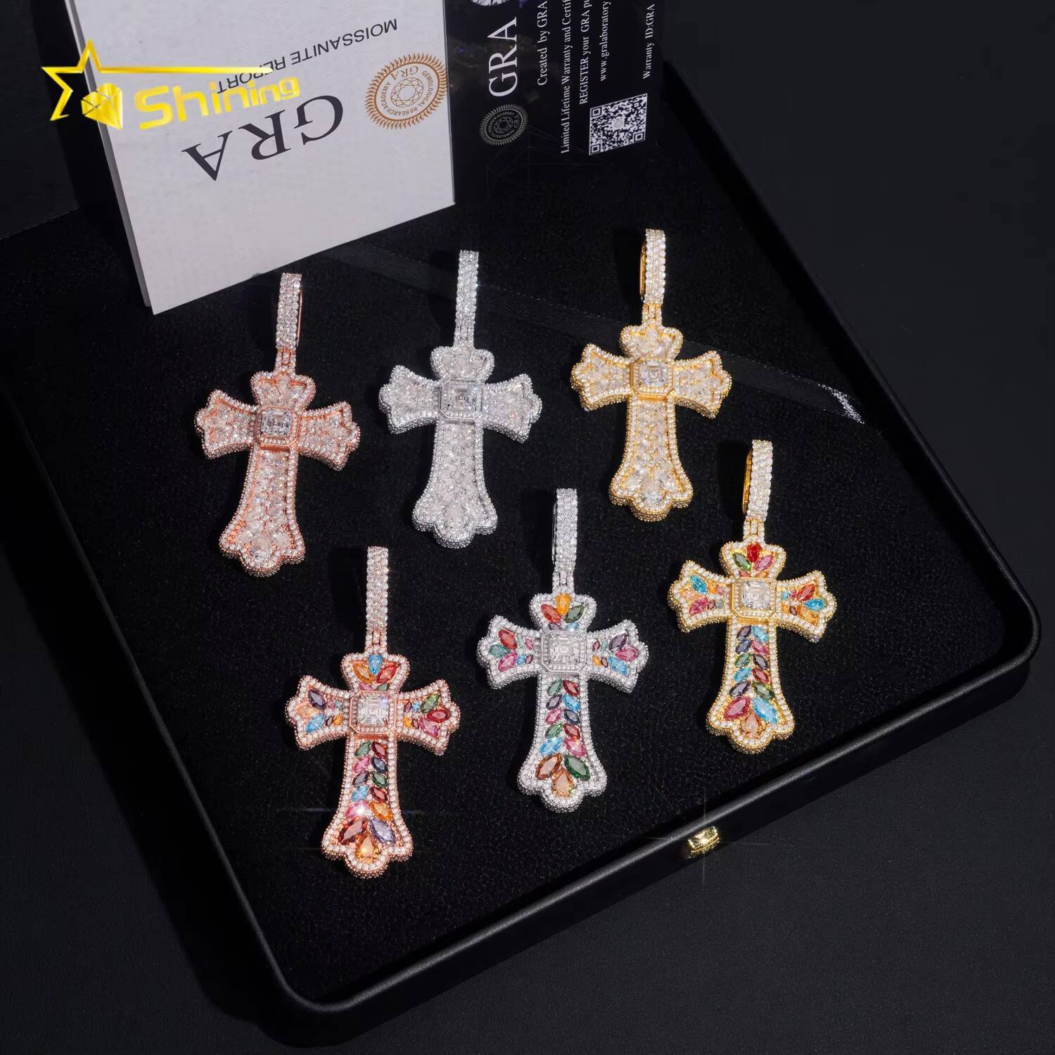 New Arrival Fancy Shape Custom Iced Out Multi Color 925 Silver Cross Diamond Moissanite Pendant