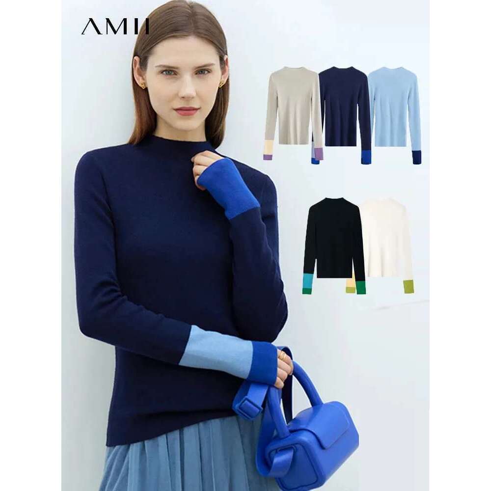 AMII Minimalist 2025 Winter New Sweaters For Women Office Lady Basics Half High Collar Color Contrast Slim Pullovers 12324067