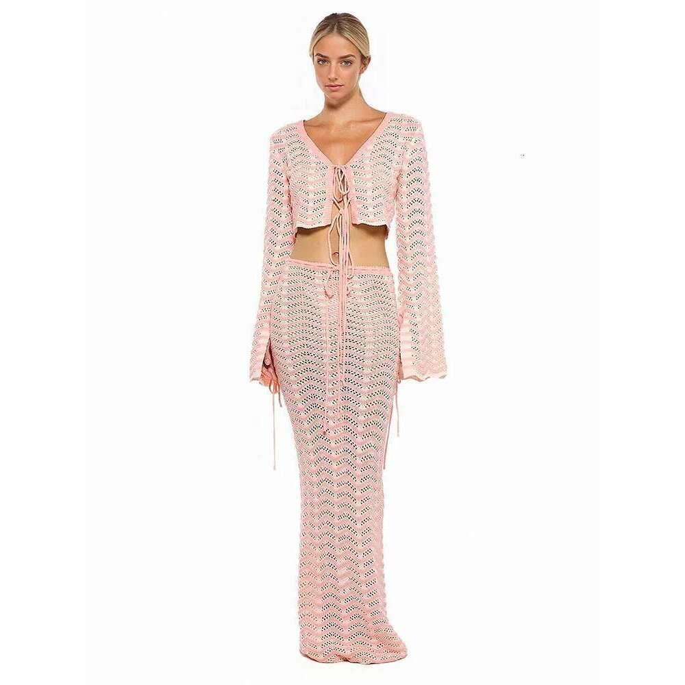 Sexy Knit V-Neck Long Sleeve Lace-Up Top Beach Half Skirt Two-Piece 2025 Summer Women's Casual Outfit Swimsuit Cover Up Set K192