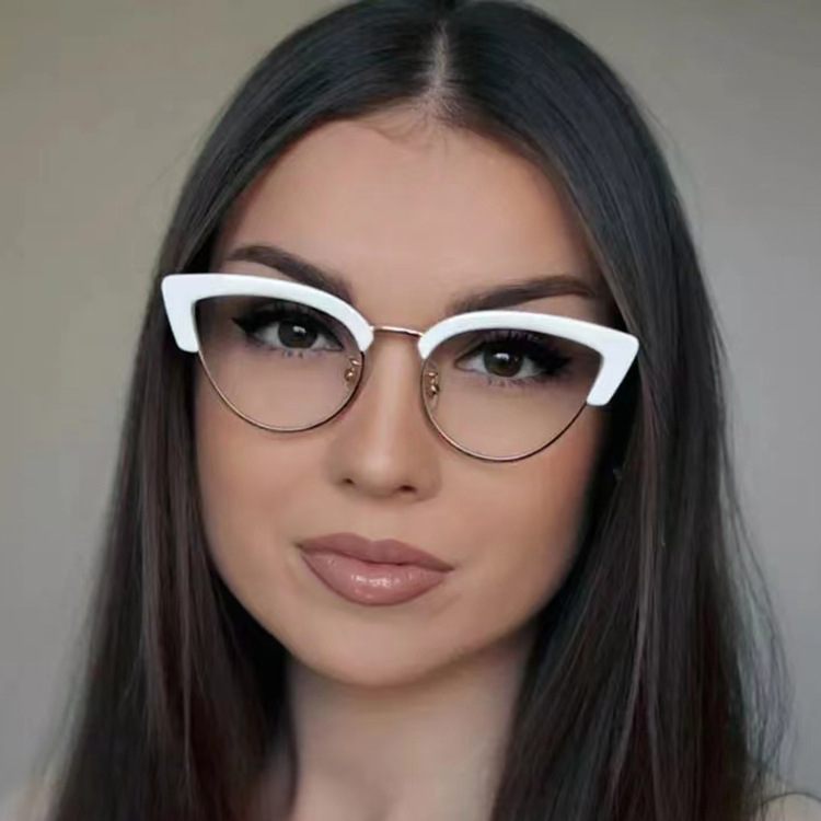 Designer Sunglasses For Women Men Cat Eye Anti-Blue Light Glasses Half Frame Trendy Metal Frame Glasses