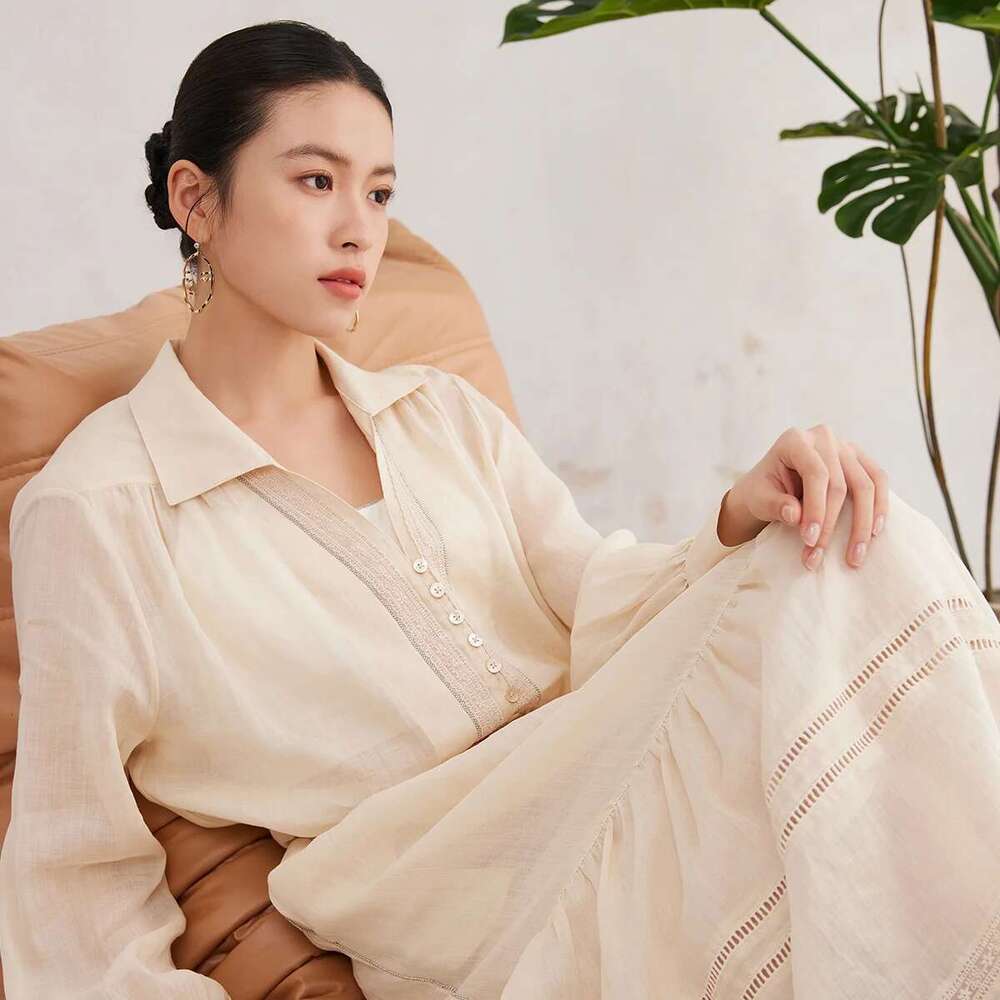 K3089w Women's Clothing 100% Ramie Ladies Sping Summer White Blouse Translucent Breathable And Comfortable