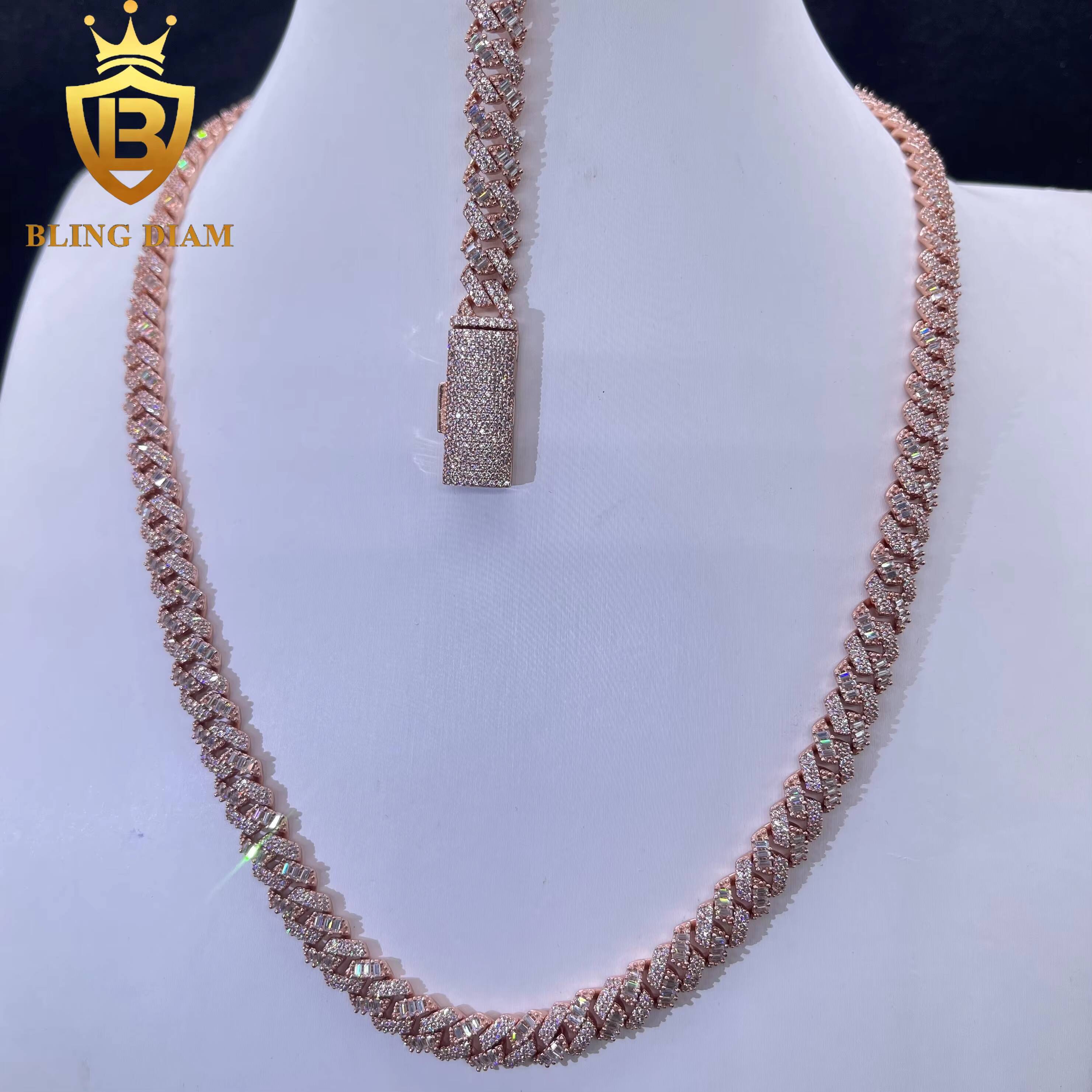 8mm Hip Hop Miami Rose Gold Cuban Link Chain Baguette Moissanite Iced Out 925 Sterling Silver Necklace Bracelet Set for Men