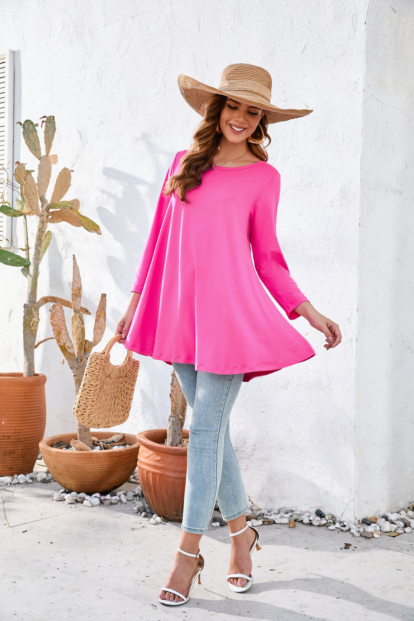 Tunic Tops for Women Plus Size 3/4 Sleeve Crew Neck Swing Flare Loose T-Shirt Blouses to Wear with Leggings Hot Pink Tunic Tops