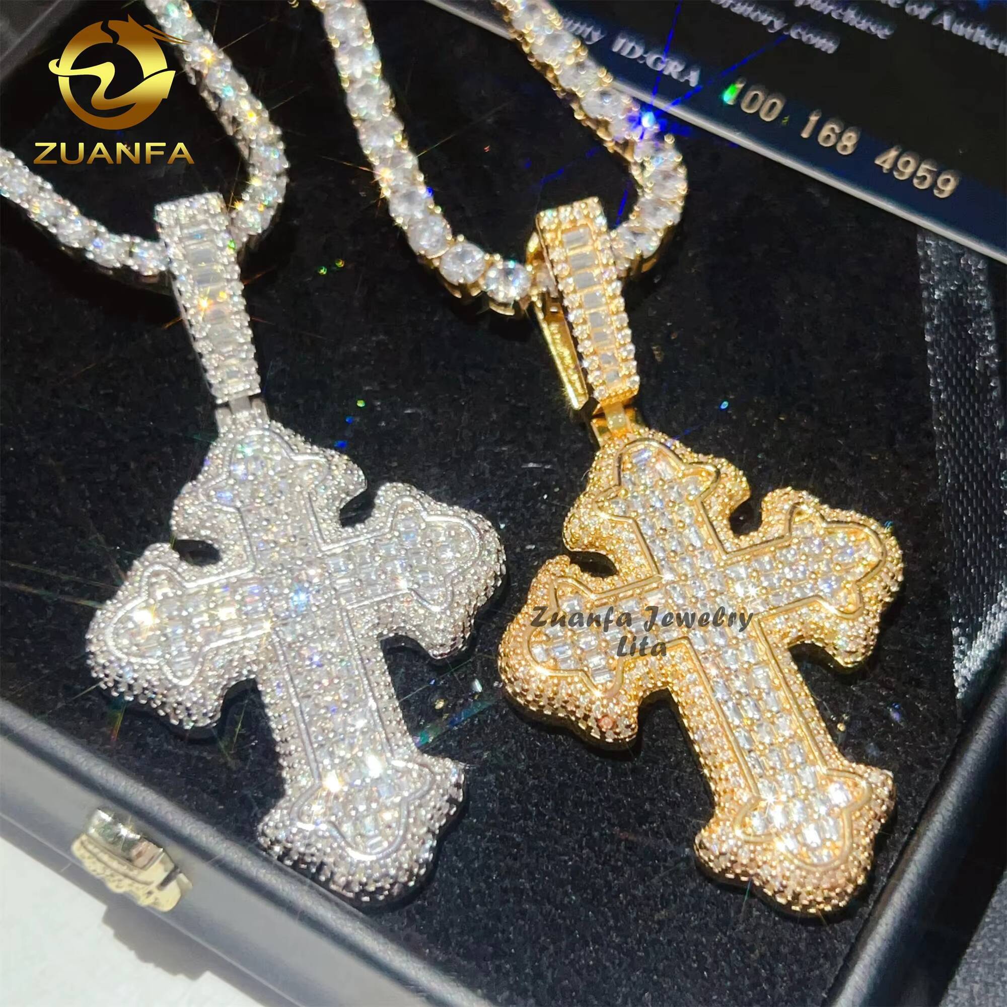 High Quality Bling Charm 925 Sterling Silver Baguette VVS Moissanite Diamond Cross Pendant for Necklace