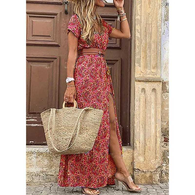 Womens sexy casual elegant holiday dress summer trend V-neck high seam irregular Midi dress retro print slim fit belt W250430