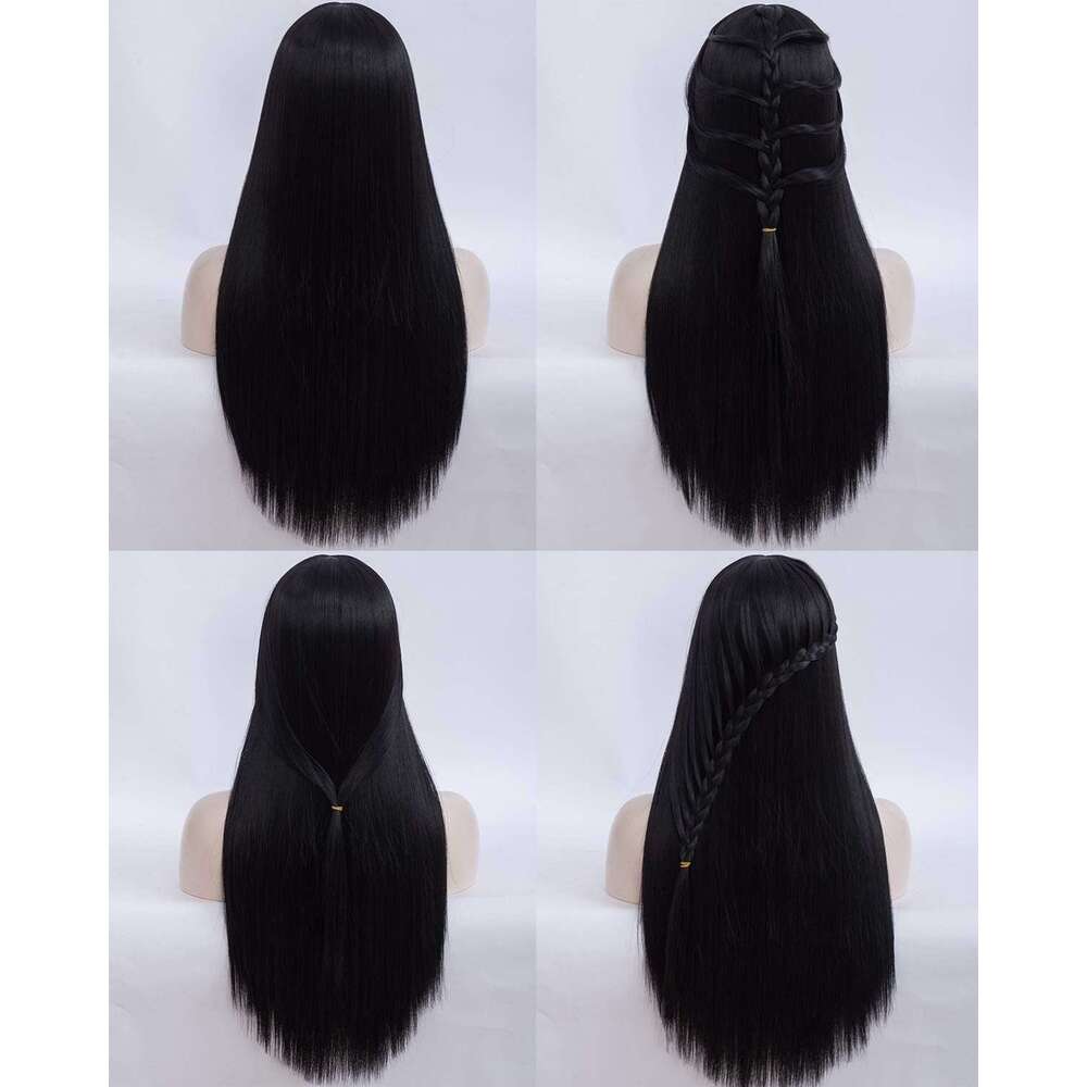 Netgo Women, Long Straight Black Wig with Bangs, Natural Looking Heat Resistant Synthetic Cosplay Party Wigs for Girls