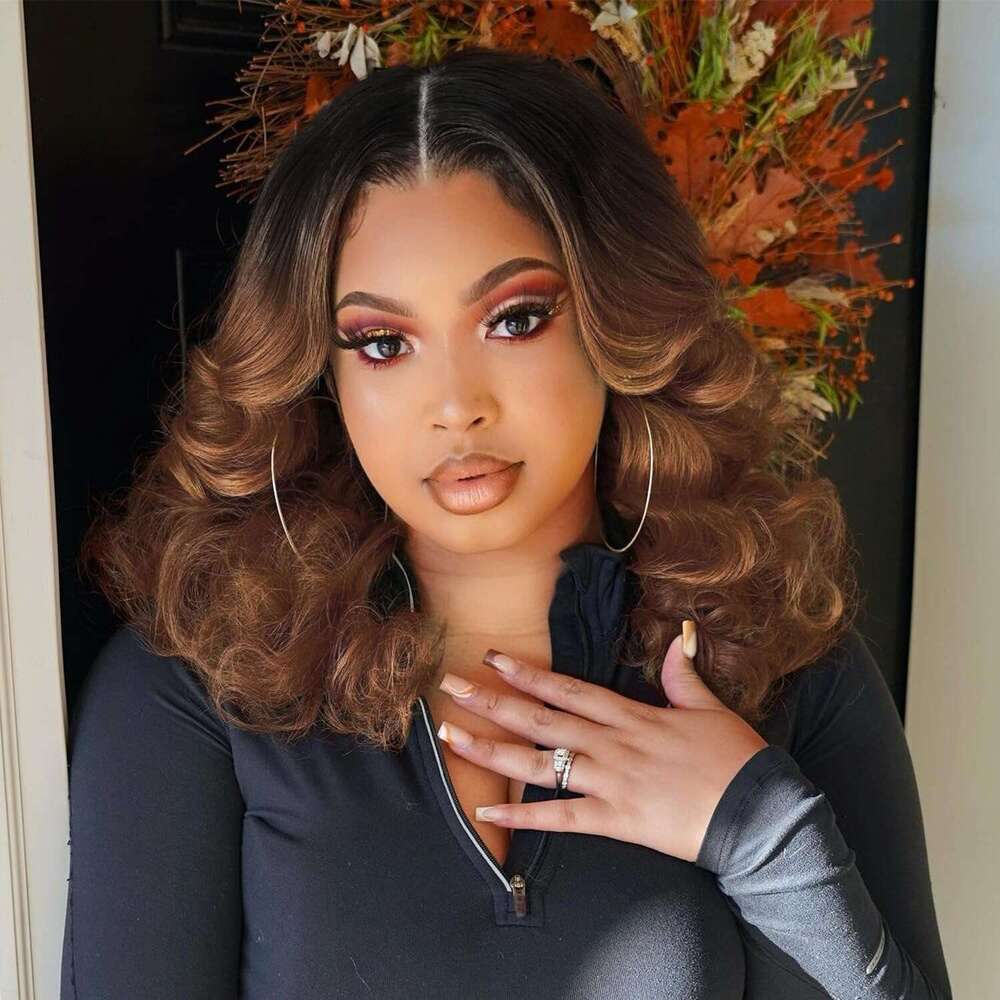 WIGER Big Curly Lace Front Loose Wave Short Wavy Bob for Black Women Ombre Brown Middle Part Shoulder Length Wig Synthetic Wigs