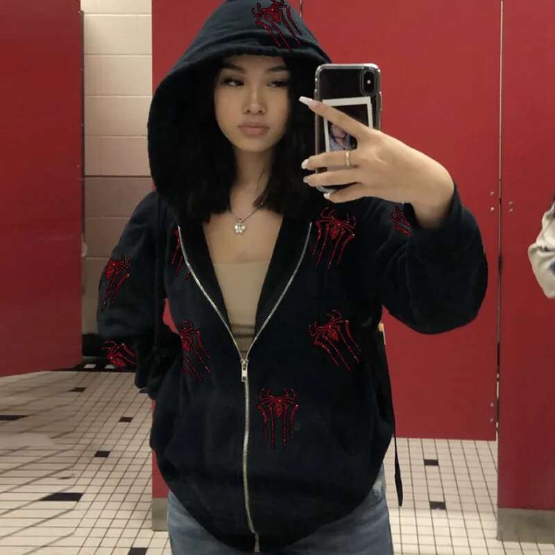 Y2k Spider Rhinestone Print Hoodies Women Clothes Couples Tops Sweatshirt Goth Streetwear Tracksuit Clothing Oversized Hoodie fashion clothing women