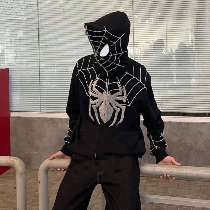 Gothic Spider Print Hooded Cardigan Full Zip Loose Top Women Men Clothing Y2K Vintage Punk Hoodie Kpop Jacket 90s fashion clothing women