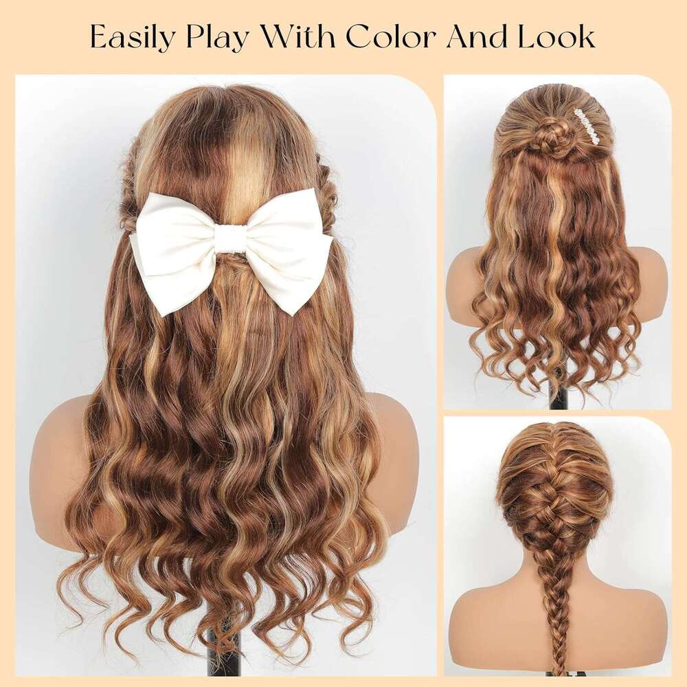 Ruiyu Ombre Highlight Wig with Bangs 2x4 HD Lace Front Closure Body Wave Wear and Go Glueless Highlights 4/27 Honey Blonde Brown Colored 100% Human Ha