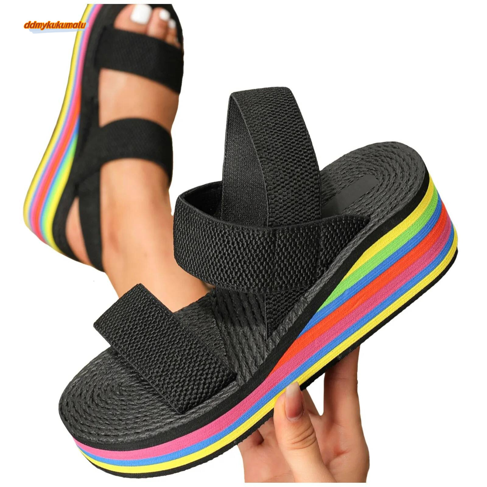 Flower Platform Shoes Thick Sole Leather Heel Fashion Colorful Sandals For Women Wedding ddmykukumalu