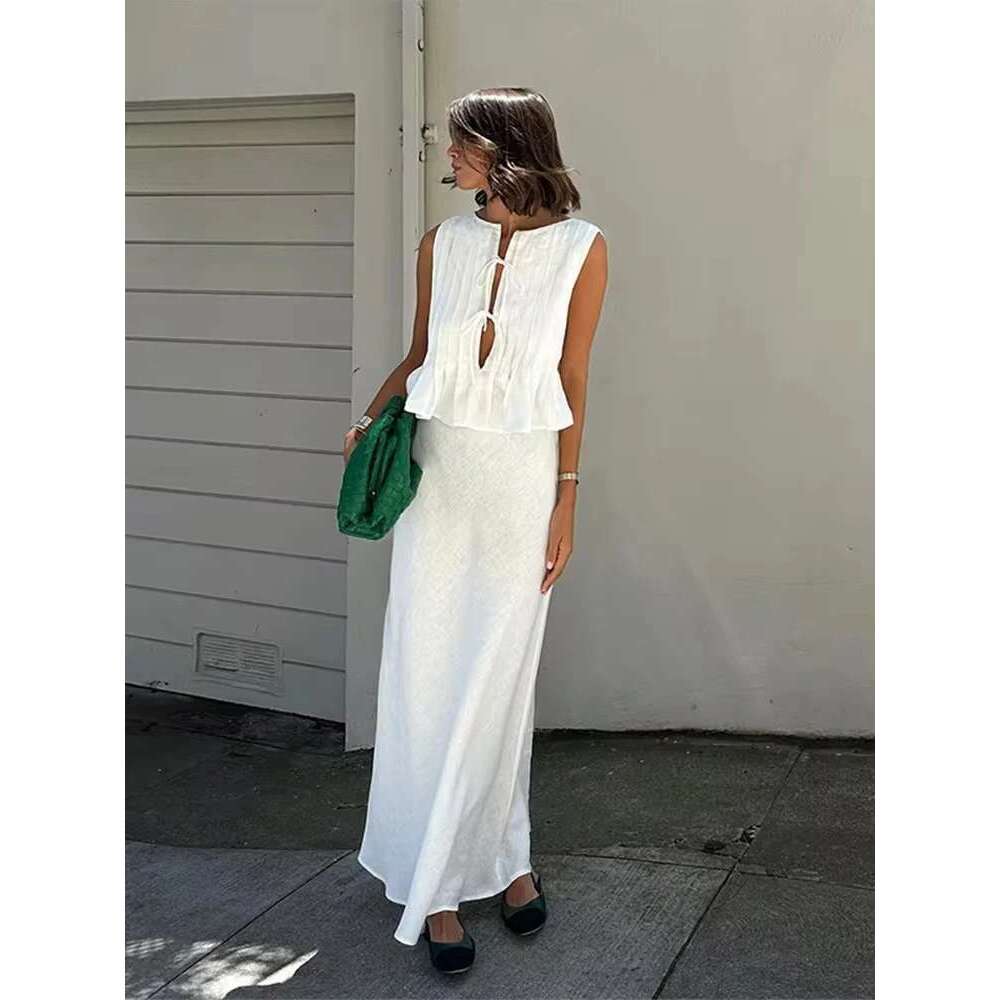 TRAF Women's Pleated Design Tie Sleeveless Vest + High Waist Two Piece Casual Fashion Half-Body Skirt Set