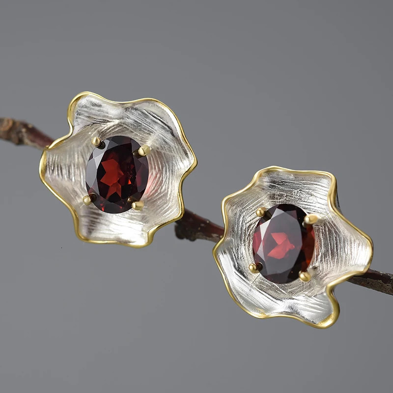 Fun Natural Topaz Gemstone Curled Leaf Stud Earrings for Women 925 Sterling Silver Vintage Baroque Style Jewelry250422