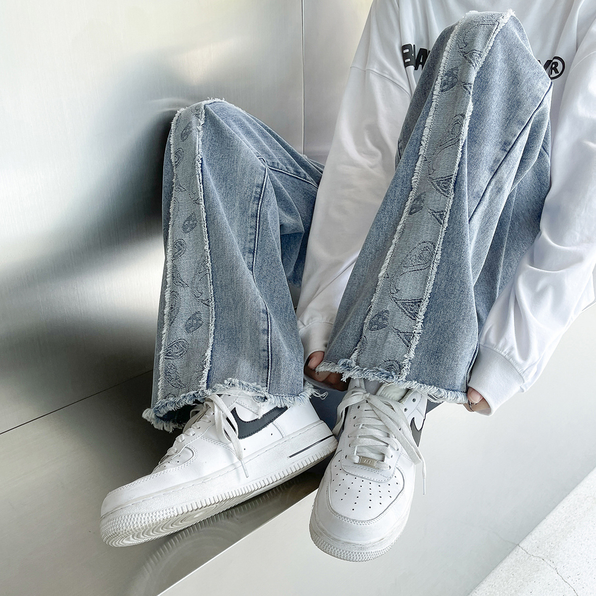 CNLONGBIDA Men's Jeans Denim Men's Contrasting Washed Loose Straight Leg Cashew Flower Color Blocked Denim Pants Trendy