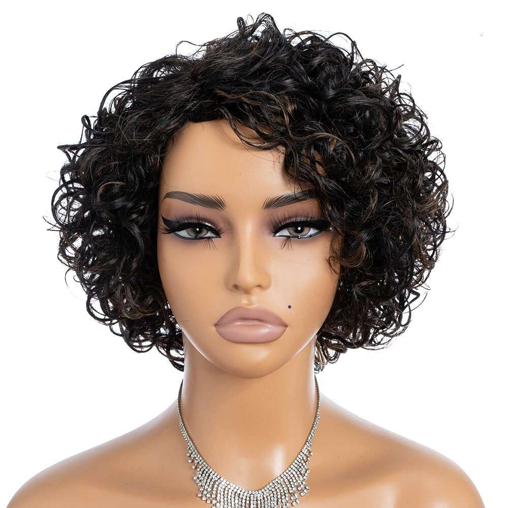 Rebecca Fashion Short Human Hair for Women Cute Curly Bob Wig Side Part Non Lace Glueless Wigs Brazilian Remy Natural Looking Highlight Black Mix Ligh