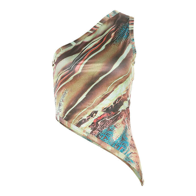 European American style summer women's fashion printed single shoulder sleeves, slanted hem, slim fit base vest, 2025 new style, chic and elegant