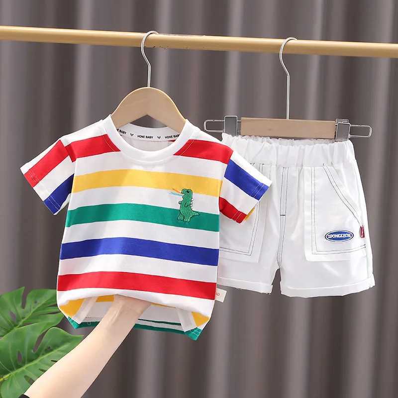 Summer Cute Cartoon Dinosaur Fashion Childrens O-neck T-shirt+Shorts+Bag Preschool Baby Boy and Girl Clothing Set New Childrens Track and Field Clothi