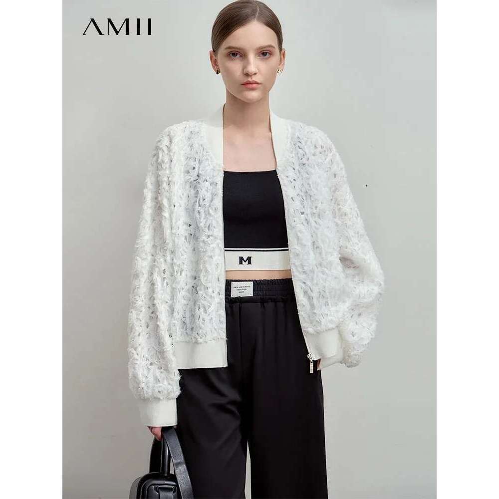 AMII Minimalist Zipper Jacket Women 2025 Spring New V Neck Stereoscopic Hollow Flowers Drop Sleeve Loose Casual Tops 12541004