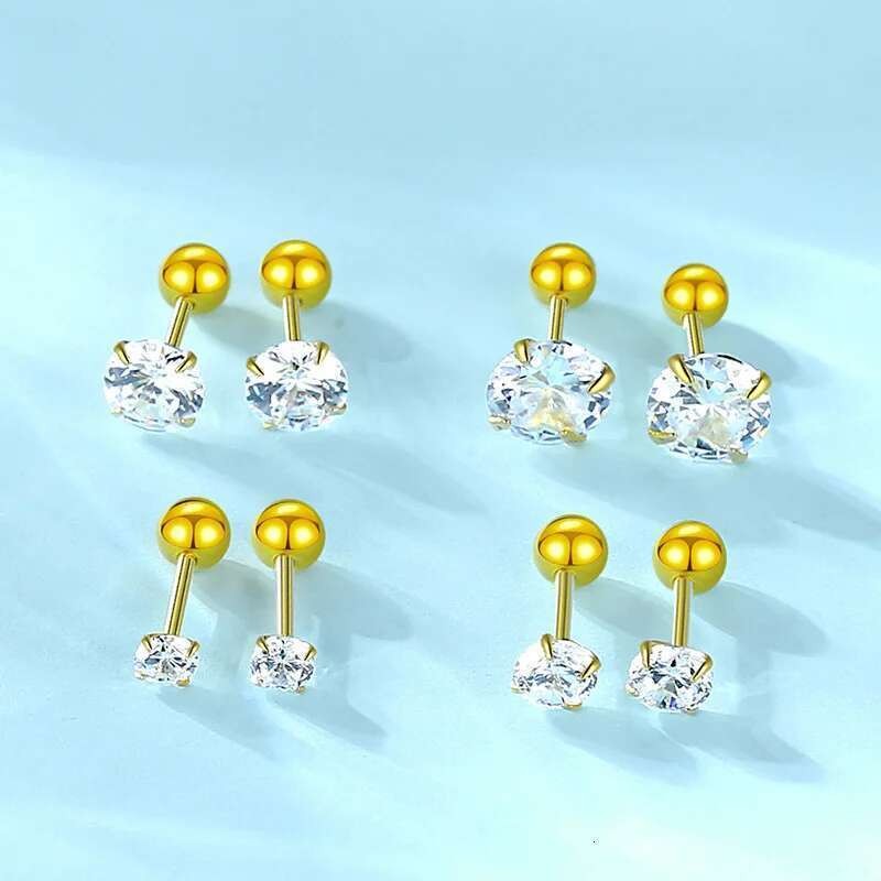 1Pair Sterling Sier Bead Screw Stud Earrings For Women Men Simple 3-6Mm Round Cubic Zirconia Ear Body Piercing Jewelry