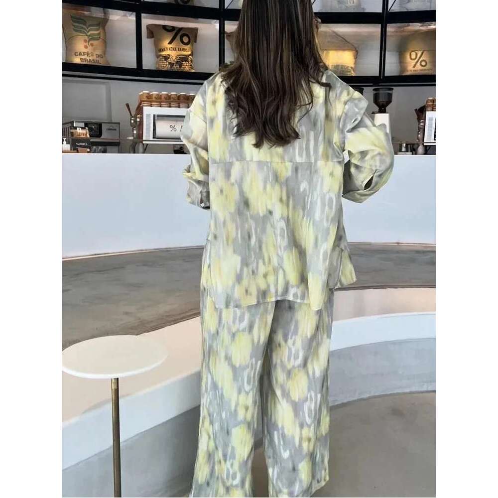 ZABA Women's Tie-Dye Printed Set Lapel Asymmetric Button Long Sleeve Shirt And Casual High-Waisted Loose Wide-Leg Trousers