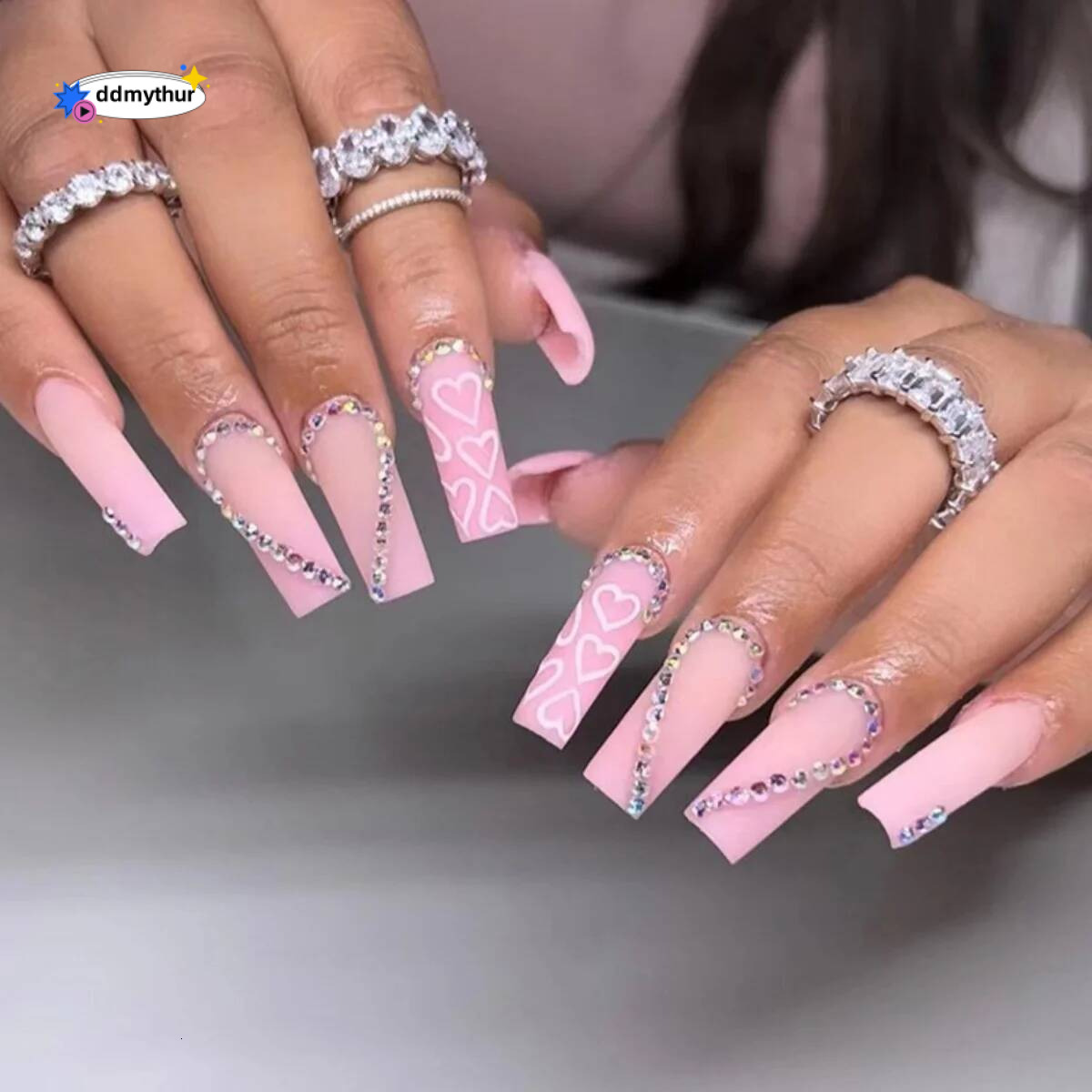 24pcs Love Rhinestones False Pink Full Cover Long Square Press on Nails Fake Nail Finished Ballet Wearable Manicure Sets ddmythur