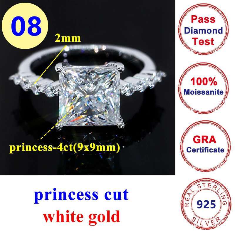 Full Moissanite Diamond D Color VVS 2/4/6CT Princess Cut Womens Ring S925 Sliver 18K White Gold Wedding FineRings for Women