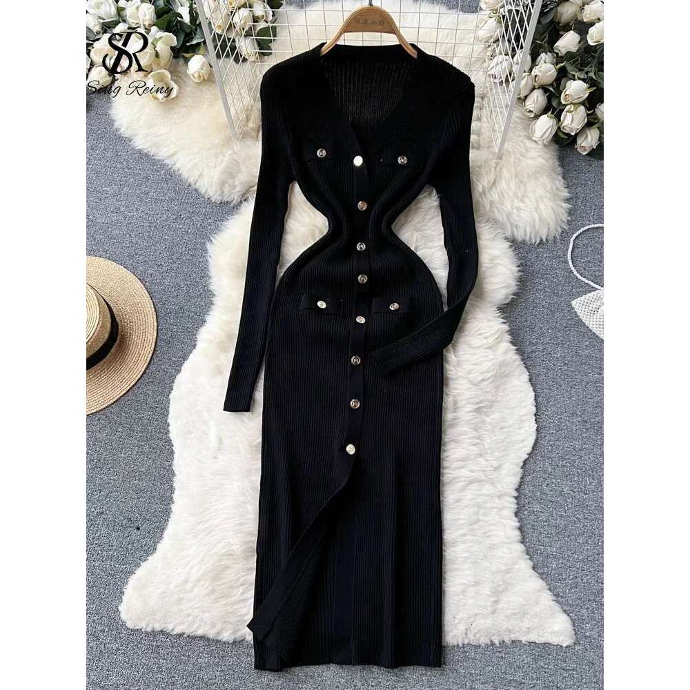 SINGREINY Winter Slim Design Knitted V Neck Single Breasted A Line Split Midi Sleeve Women Sweater Long Dress