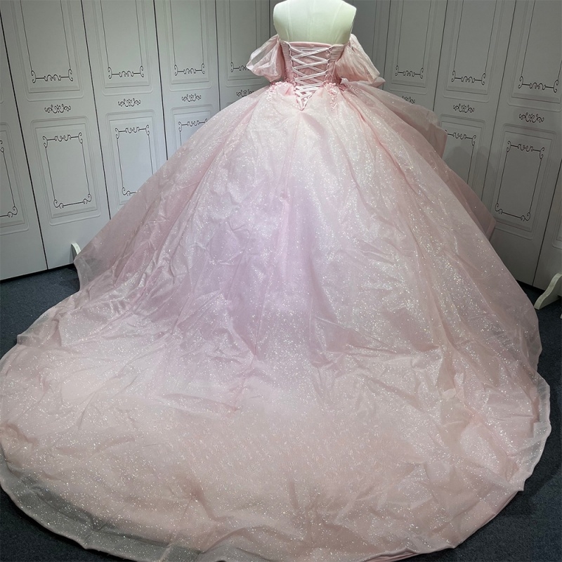 Pink Princess Quinceanera Dresses Off Shoulder Applique Lace Beads Tull Sweet 16 Dress Ball Gown Vestidos 15 Anos