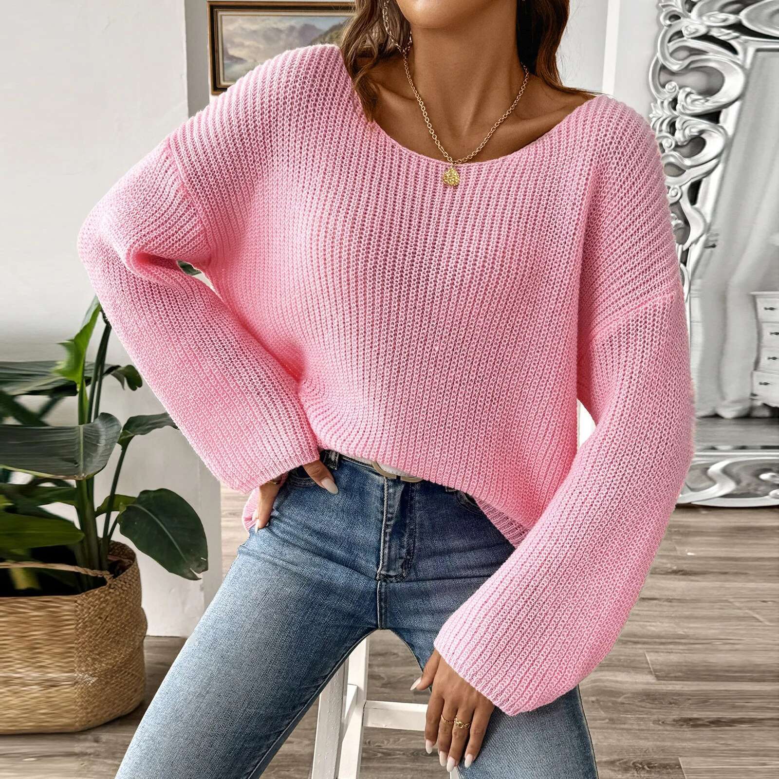Traf Women'S Pullover Top Loose One Line Neck Off Shoulder Flare Sleeve Sweater Ropa Para Mujer Tops For Women fashion clothing women