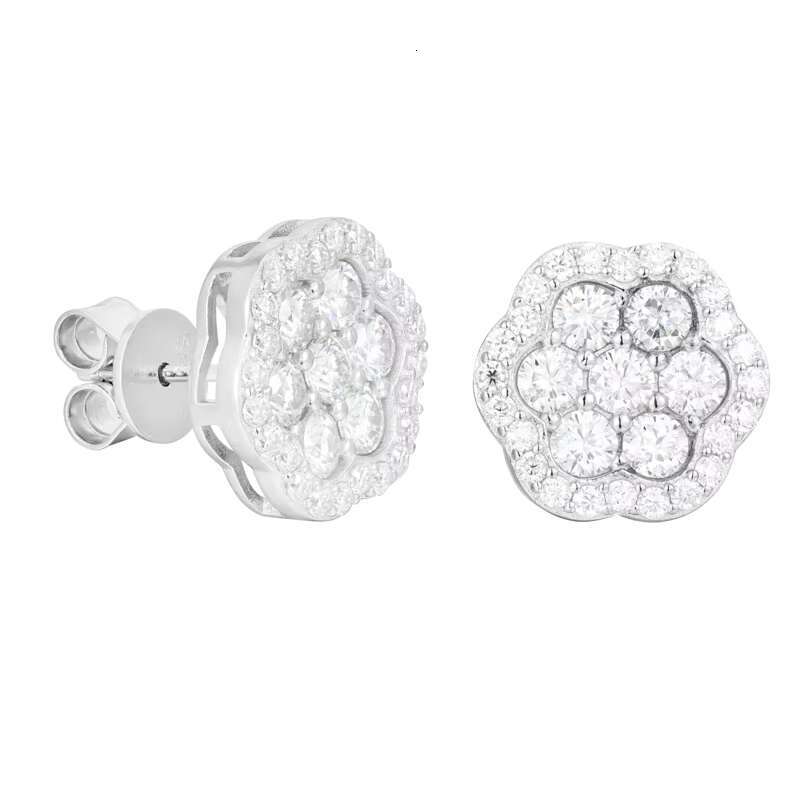 Hip Hop-Inspired 925 Silver Screw Back Ear Studs Iced VVS Moissanite Flower Cluster Gold-Plated Certified Fashion Stud Earrings