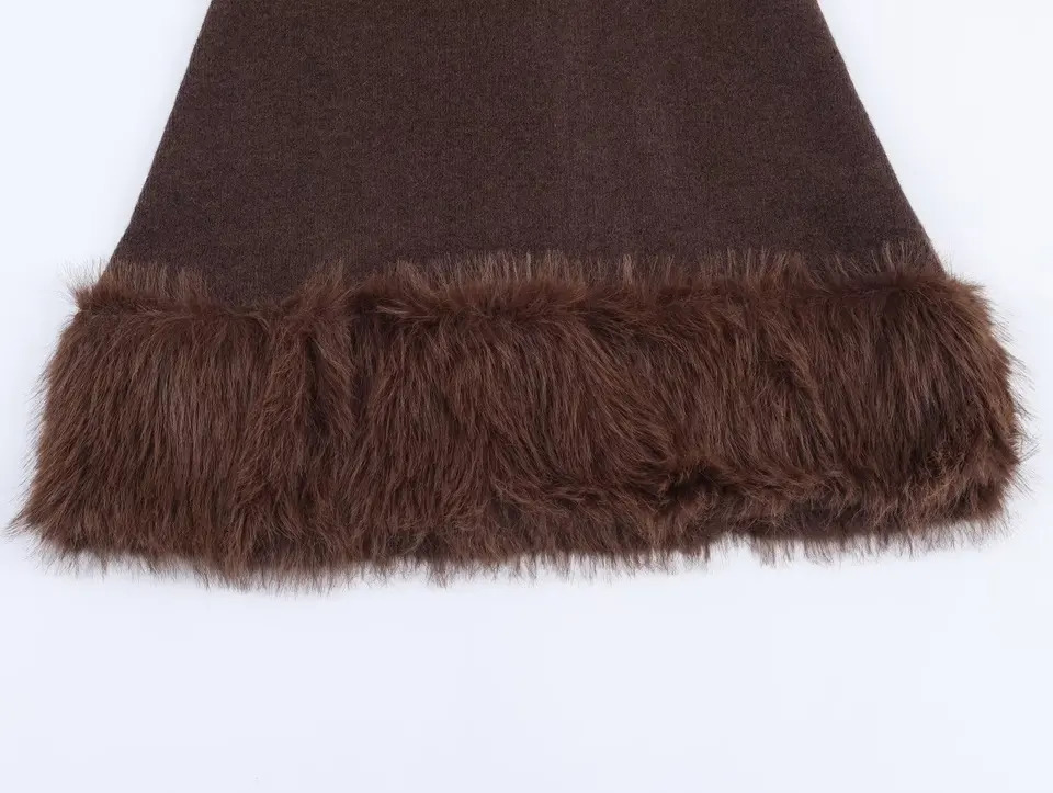 ETJ Womens collection Fashionable Maillard color faux fur patchwork hem round-neck short-sleeved knitted dress 251129