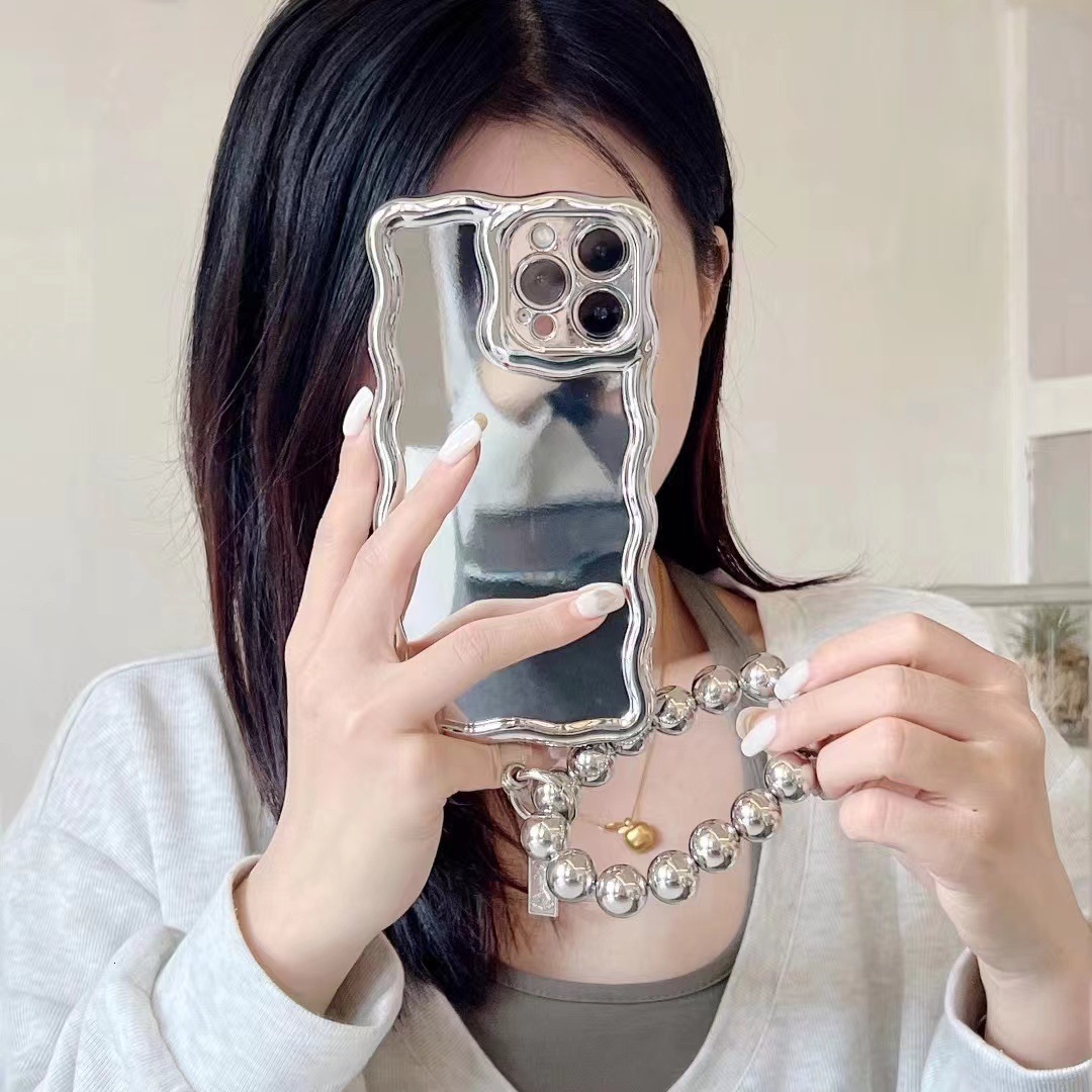 Electroplated Wave Mirror Phone Case iPhone 14/13 Pro Max Compatible with Apple 12 Bracelet Heart Stand Protective Case